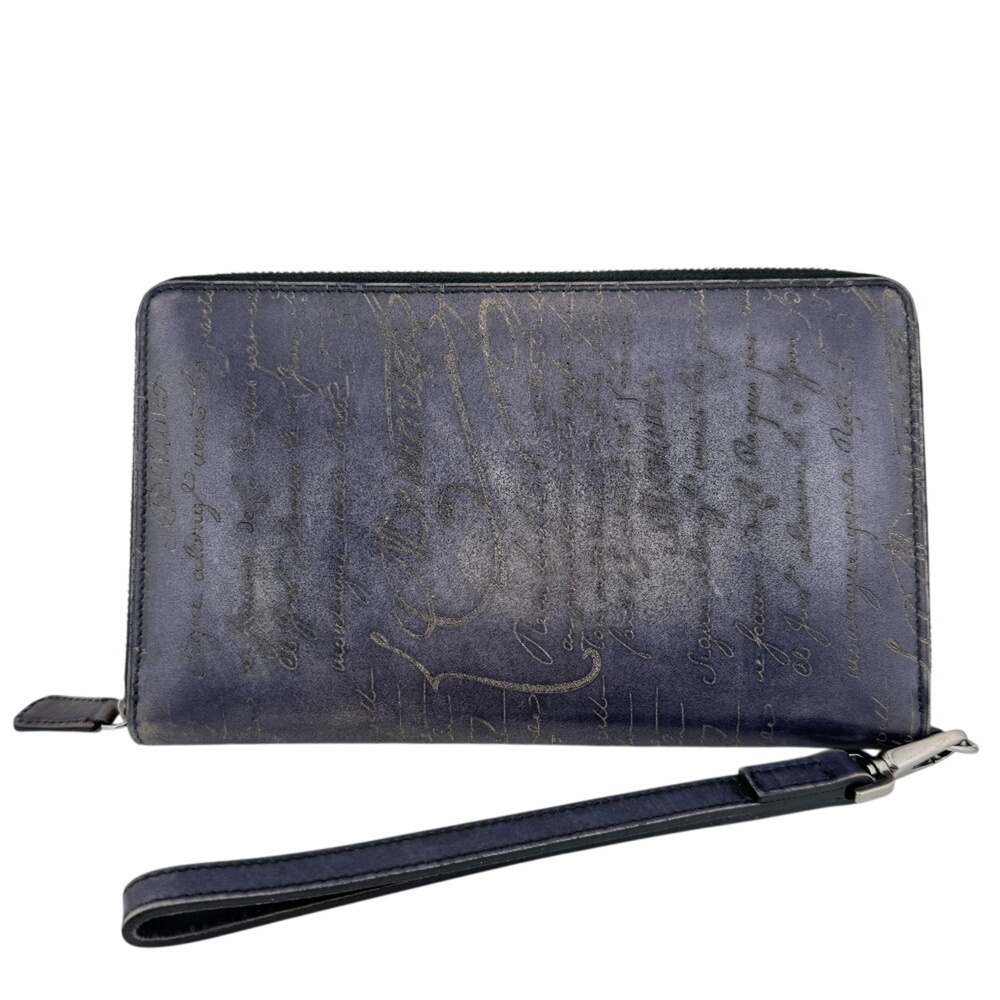 Berluti round zipper wallet with strap, calligraphy design, navy.